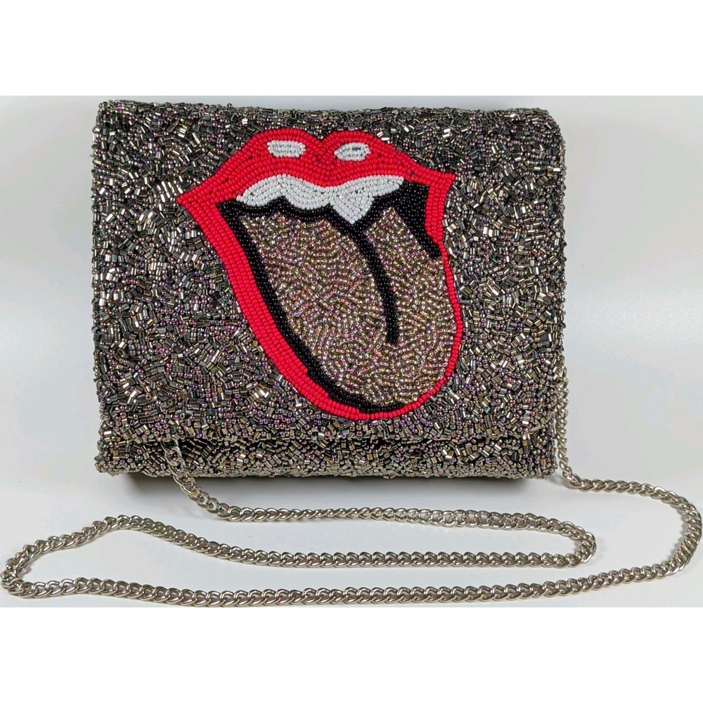 TIA NA NY Rolling Stones Beaded Clutch Lips Tongue Chain Shoulder Bag